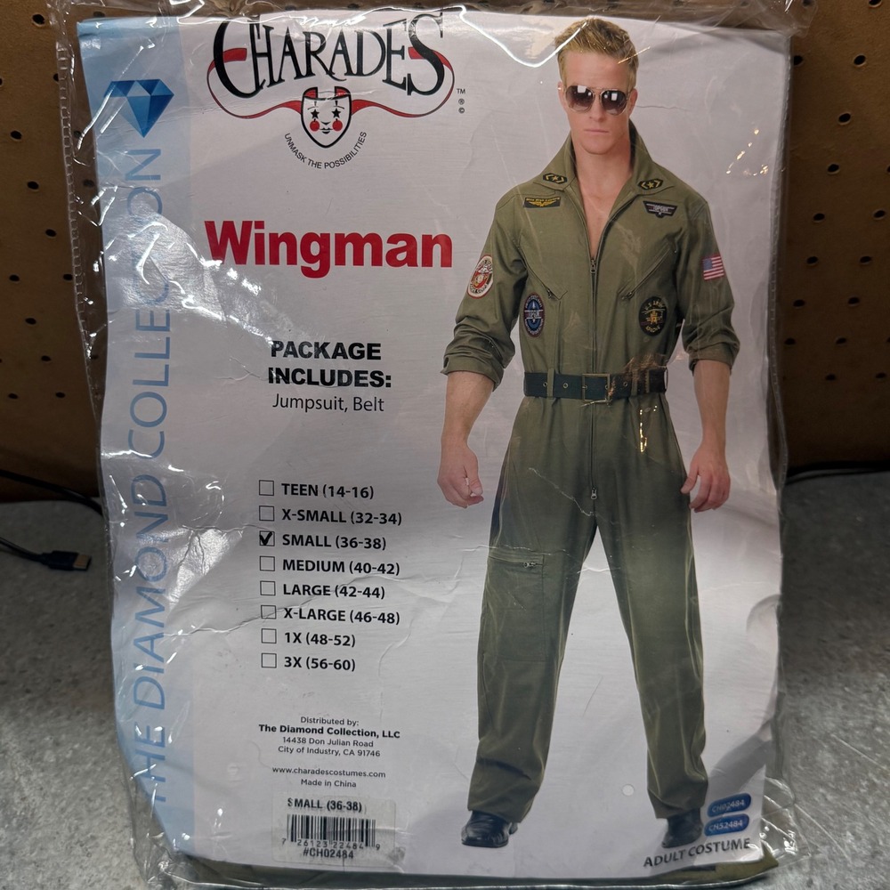 Charades Wingman Costume Mens Small Green Flight Suit Jumpsuit Belt CH02484